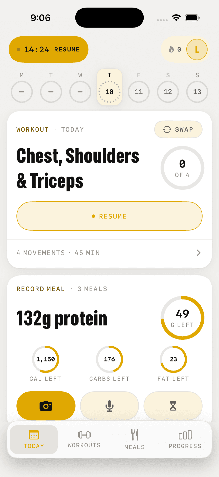 The Today screen: a workout in progress, and the day's protein and macro totals